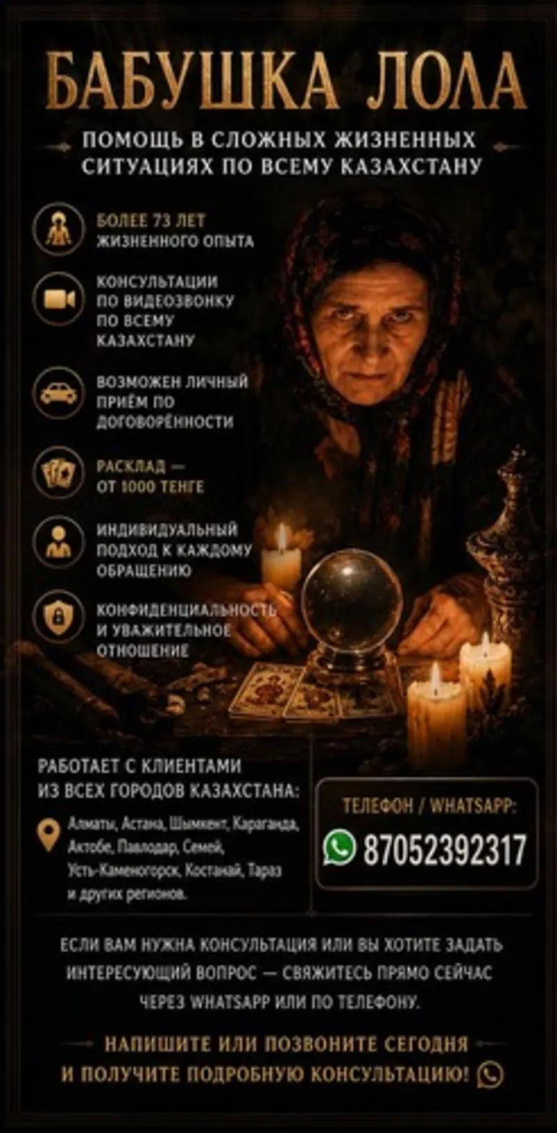 БАБУШКА ЛОЛА — ПОМОЩЬ В СЛОЖНЫХ ЖИЗНЕННЫХ СИТУАЦИЯХ ПО ВСЕМУ КАЗАХСТАНУ.